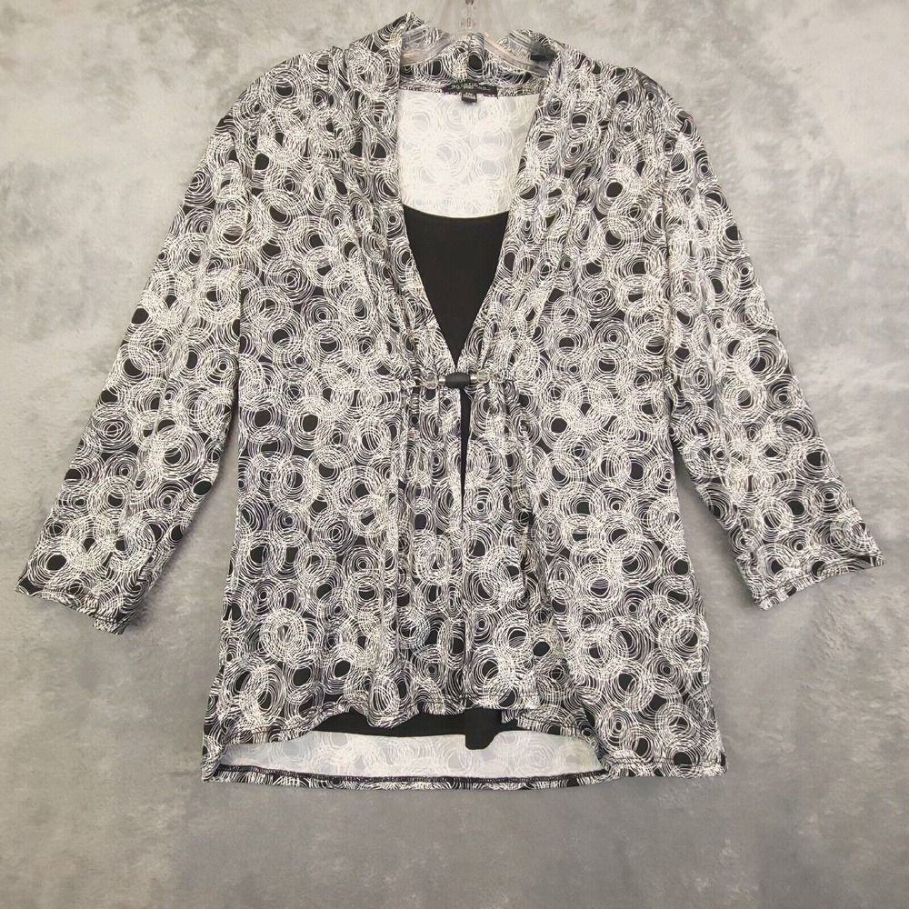Notations Shirt Womens Blouse Abstract Circles 3/4 Sleeve Black White Petite M